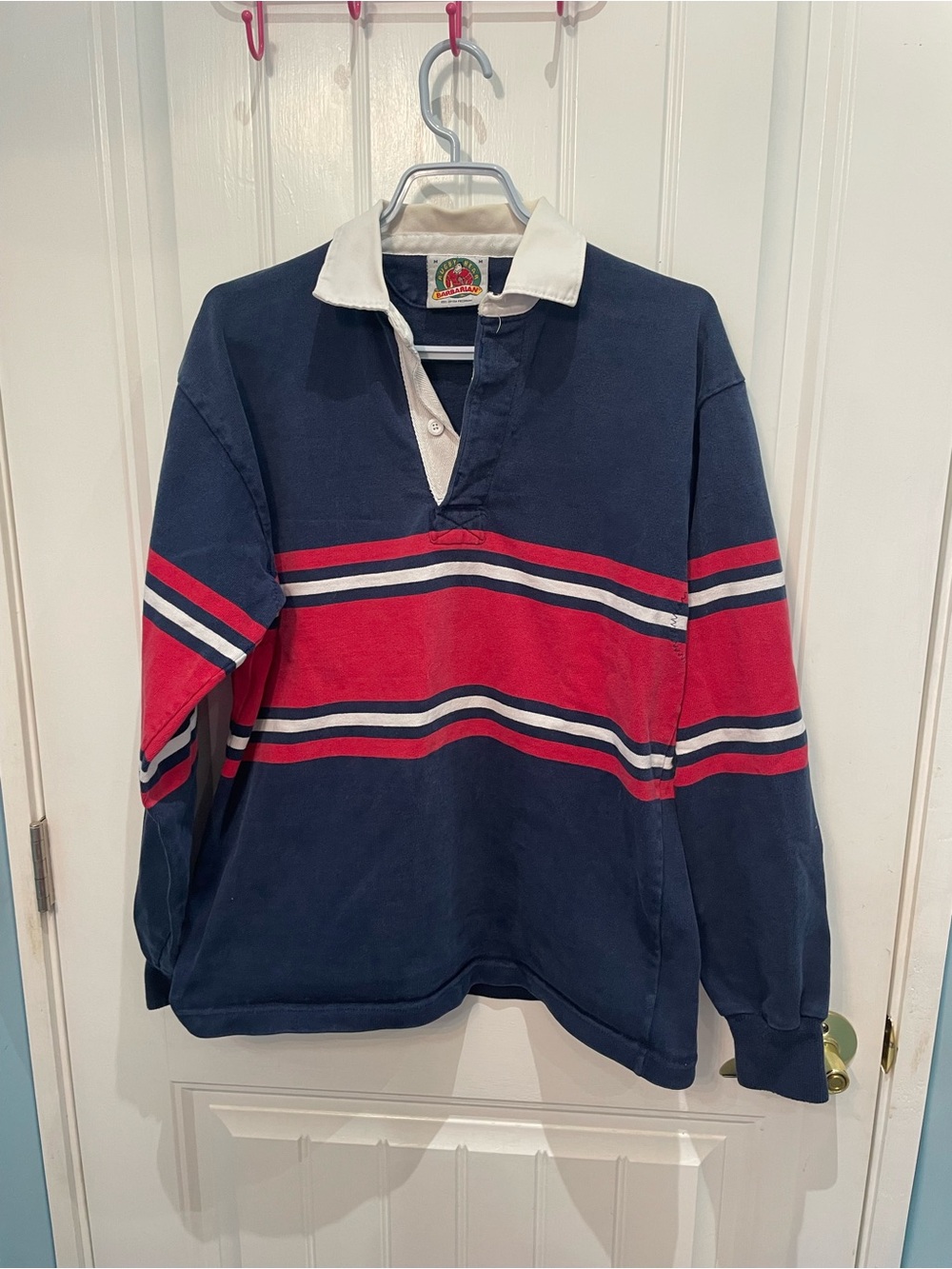 Vintage Men's Navy & Red Rugby Shirt with Contrasting Collar